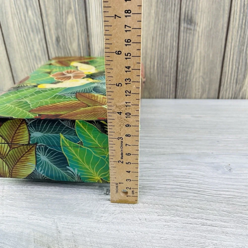 Vintage Hand Painted Wooden Box Parrot Floral Jewelry Storage Trinket